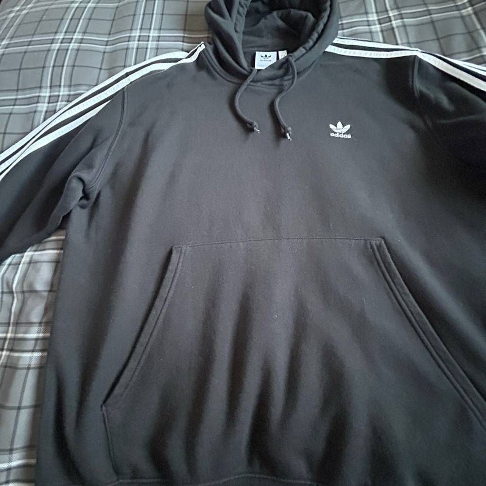 Adidas Men's Black Hoodie with White Stripes